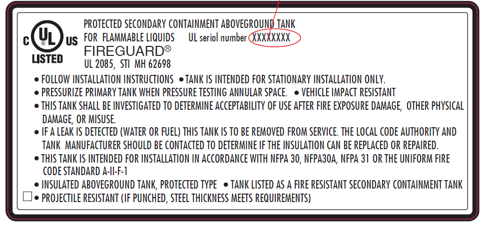 UL 2085 and STI MH 62698 and Fireguard Compliance plate